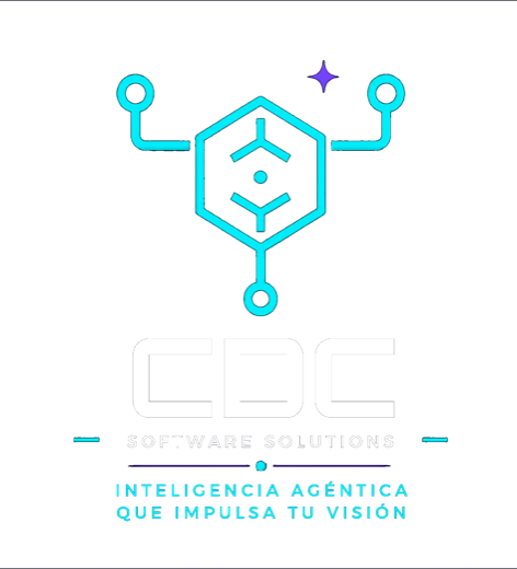 Símbolo hexagonal de CDC Software Solutions con un halo cian y violeta sobre fondo oscuro